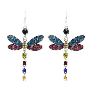 Multi Color Dragonfly Crystal Rhinestone Silver Plated Hook Earrings, V…